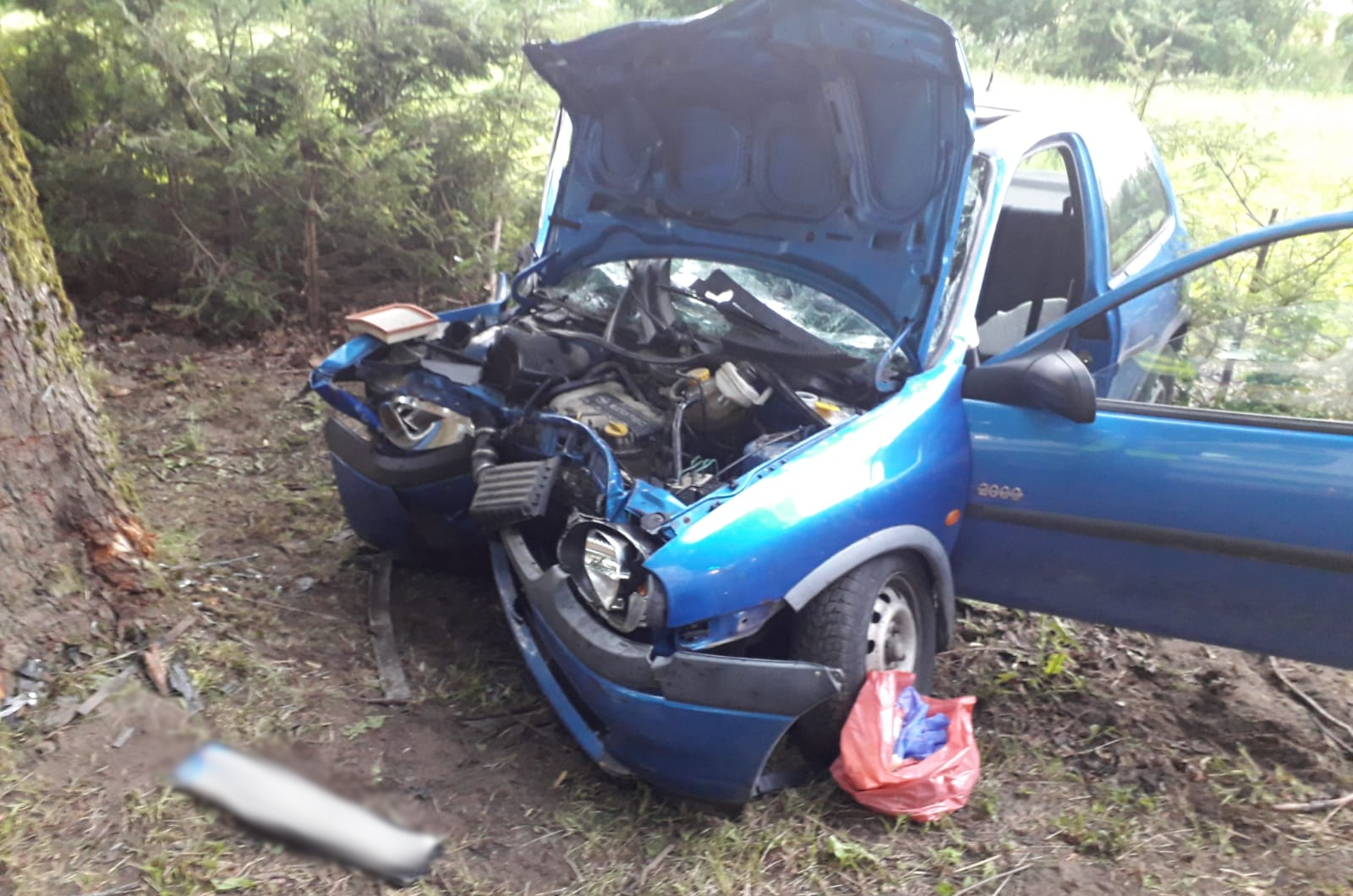 Rozbity samochód po uderzeniu w drzewo w powiecie olsztyńskim