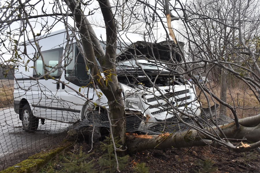 uszkodzony po kolizji ford transit, który uderzył w drzewo