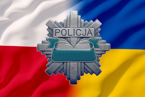 Flaga polska i flaga ukraińska z poicyjną gwiazdą na środku